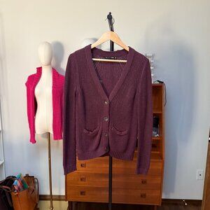 Rag & Bone Burgundy Cotton Speckled Chunky Knit V-Neck Grandpa Cardigan XS